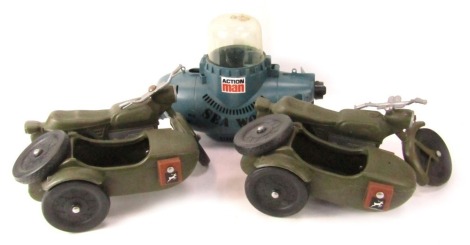 Three Action Man accessories, comprising two trikes and a Sea Wolf submarine.
