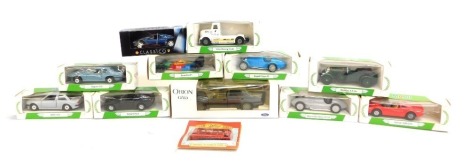 Diecast vehicles, comprising Orion Ghia Ford, Typhoo Tea E1 London tram, Bentley, Volve racing turck, Porsche 944, Jaguar XJS, Benetton F1, Mercedes Benz W154, BMW 325i, Ferrari GTS, Bugatti type 35, and a Classico Ferrari 1973 GT4 BB. (1 tray)