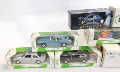 Diecast vehicles, comprising Orion Ghia Ford, Typhoo Tea E1 London tram, Bentley, Volve racing turck, Porsche 944, Jaguar XJS, Benetton F1, Mercedes Benz W154, BMW 325i, Ferrari GTS, Bugatti type 35, and a Classico Ferrari 1973 GT4 BB. (1 tray) - 2