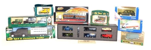 Diecast vehicles, comprising Corgi Collection Autoglass Ford Transit van, a Range Rover cobalt blue, Volkswagen van, Teamsters 4X4 livestock trailer, Eddie Stobart car, a Corgi Wheelz Eddie Stobart lorry, Days Gone Public Service Collection, Corgi Motorin