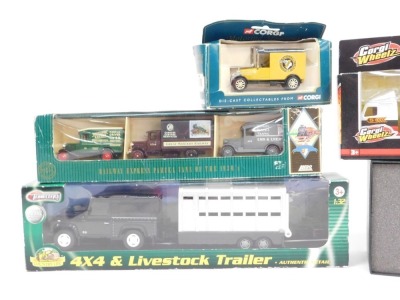 Diecast vehicles, comprising Corgi Collection Autoglass Ford Transit van, a Range Rover cobalt blue, Volkswagen van, Teamsters 4X4 livestock trailer, Eddie Stobart car, a Corgi Wheelz Eddie Stobart lorry, Days Gone Public Service Collection, Corgi Motorin - 2