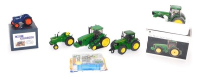 Diecast agricultural vehicles, comprising a Precision Classics model 8400 John Deere tractor, boxed, a Megs Models and Toys Fordson Major E27N with Perkins P6 engine model, boxed, three John Deere tractors and a miniature farm set. (a quantity)