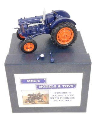 Diecast agricultural vehicles, comprising a Precision Classics model 8400 John Deere tractor, boxed, a Megs Models and Toys Fordson Major E27N with Perkins P6 engine model, boxed, three John Deere tractors and a miniature farm set. (a quantity) - 2