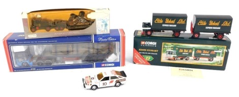 Diecast vehicles, comprising Corgi Classics Eddie Stobart AEC truck and trailer, a Corgi ERF EC flatbed trailer and log load, a Matchbox SuperKing Audi Sport and a Lledo Days Gone Bygone Roads of Road Transport log transporter, three boxed. (4)