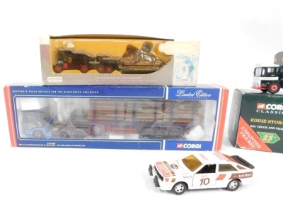 Diecast vehicles, comprising Corgi Classics Eddie Stobart AEC truck and trailer, a Corgi ERF EC flatbed trailer and log load, a Matchbox SuperKing Audi Sport and a Lledo Days Gone Bygone Roads of Road Transport log transporter, three boxed. (4) - 2