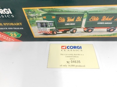 Diecast vehicles, comprising Corgi Classics Eddie Stobart AEC truck and trailer, a Corgi ERF EC flatbed trailer and log load, a Matchbox SuperKing Audi Sport and a Lledo Days Gone Bygone Roads of Road Transport log transporter, three boxed. (4) - 4