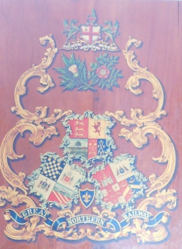 A Great North Railway transfer applied crest, on wooden board, 76.5cm x 57.5cm.