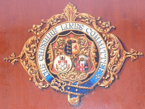 The Cheshire Line Committee Railway transfer applied crest, on wooden frame with cream border, 56cm x 61cm.