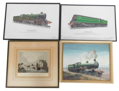 A group of railway related prints, comprising Great Weston Railway Castle Class 4079, 37cm x 56cm, Southern Railway number 21C123, 36.5cm x 56cm, after Wallace steam locomotive Great Central, 35cm x 42cm,and after Calvert View Of The Manchester And Liverp