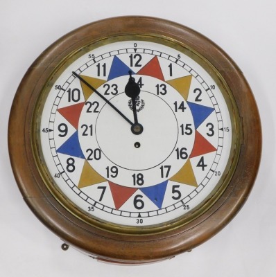 AUCTIONEER TO ANNOUNCE REVISED DESCRIPTION* - An RAF style sector clock, with painted dial, 35cm diameter Arabic dial, set with coloured triangular sections in yellow, blue and red, marked 'RAF', with a single fusee key wind movement in mahogany case, no