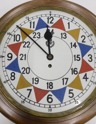 AUCTIONEER TO ANNOUNCE REVISED DESCRIPTION* - An RAF style sector clock, with painted dial, 35cm diameter Arabic dial, set with coloured triangular sections in yellow, blue and red, marked 'RAF', with a single fusee key wind movement in mahogany case, no - 2