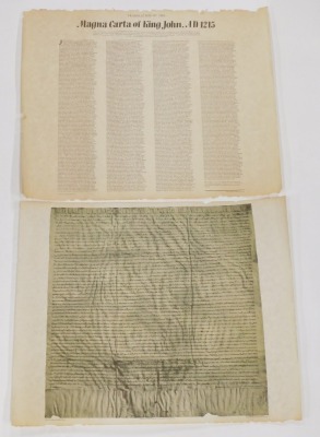 A printed version of the Magna Carta, from the original photograph in the possession of S.J Harrop, printed by Williams and White Ltd, sold with a translation, 45cm x 56cm. (2)