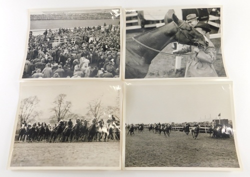 Lincoln racecourse interest. A black and white photograph of the Lincoln Handicap 1947, won by Jockey Treble, ridden by Emmanuel Mercer at 100-1, 19cm x 26cm, and three further black and white photographs of the Lincoln race track. (4)