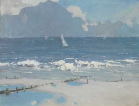 Herbert Rollett (1872-1932). Seascape, yacht on calm waters, oil on canvas, signed, indistinct hand attribution, C. Roberson stamp, Robinot transport label, another James Bourlet & Sons and Briggs of Louth labels verso, 50cm x 59cm.