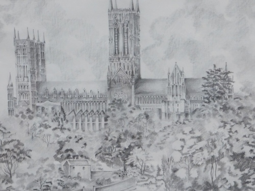 Hunter (20thC). Lincoln Cathedral, pencil, signed, 34cm x 58cm.