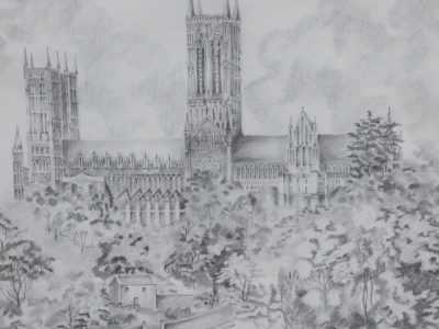 Hunter (20thC). Lincoln Cathedral, pencil, signed, 34cm x 58cm.