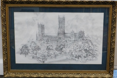 Hunter (20thC). Lincoln Cathedral, pencil, signed, 34cm x 58cm. - 2