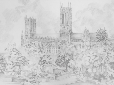 Hunter (20thC). Lincoln Cathedral, pencil, signed, 34cm x 58cm. - 3
