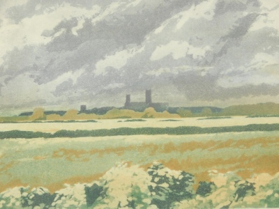 Michael Fairclough (b.1940). Lincolnshire fields with the Cathedral in the distance, artist proof no. 1/5, signed and dated (19)74, 13cm x 17cm.