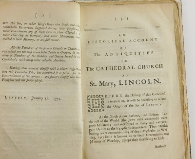 [Anon] Lincoln.- AN HISTORICAL ACCOUNT OF THE ANTIQUITIES IN THE CATHEDRAL CHURCH OF ST MARY, LINCOLN later wrappers, 8vo, W. Wood, Lincoln, [1771]. - 3