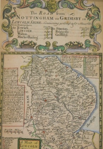 Maps, The Road from Nottingham to Grimsby, and another Bridgford, Shelford and Lincoln, 18cm x 13cm. (2)