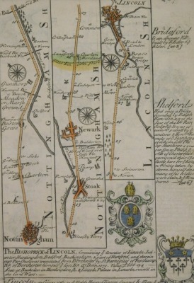 Maps, The Road from Nottingham to Grimsby, and another Bridgford, Shelford and Lincoln, 18cm x 13cm. (2) - 2