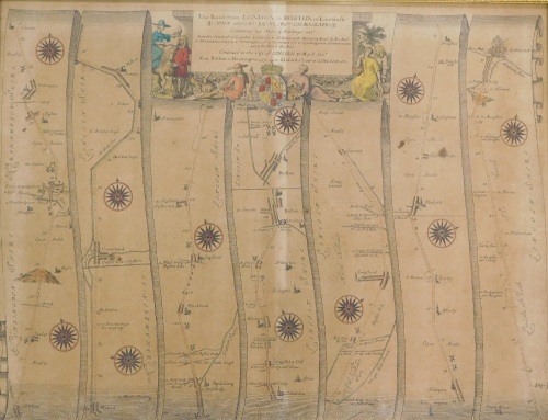 After Ogleby. Road from London to Boston in Lincolnshire map in colours, 34cm x 44cm, and a late plan of Boston from the 1836 original bookplate. (2)