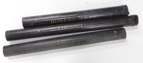 Three Lincolnshire related Ordnance Survey maps, each with a turned mahogany rail and a Tollware or painted tin cannister, for Stickney, Leverton and Boston West, the cannisters, 69cm, 78cm, 84cm wide respectively.