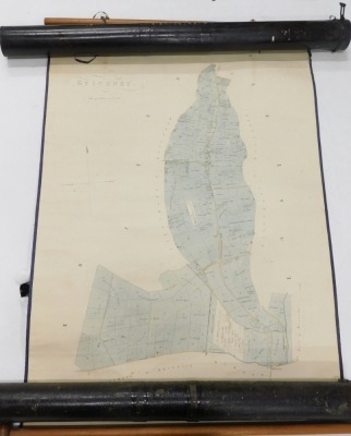 Three Lincolnshire related Ordnance Survey maps, each with a turned mahogany rail and a Tollware or painted tin cannister, for Stickney, Leverton and Boston West, the cannisters, 69cm, 78cm, 84cm wide respectively. - 2