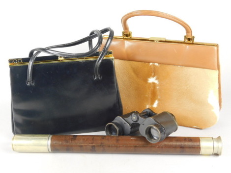 A collection of items, to include a two draw silver plated and leather telescope, two ladies' handbags and a set of Kershaw binoculars