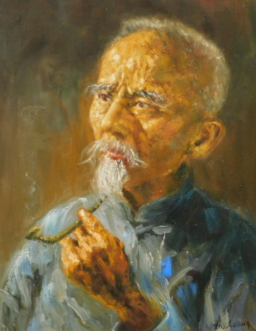 Y W Leung (20thC). Portrait of an old man smoking a pipe