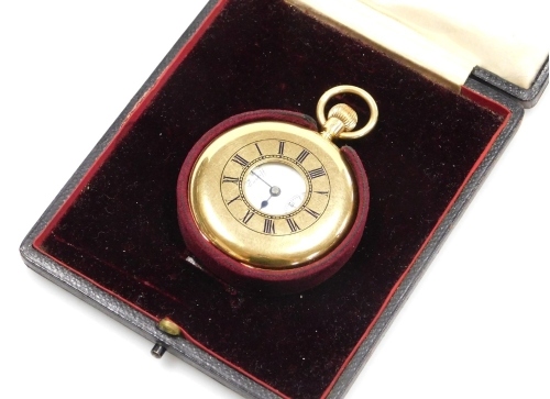 An Edwardian gentleman's 18ct gold half hunter pocket watch, by Barry & Sons Cardiff, keyless wind, enamel dial bearing Roman numerals, subsidiary seconds dial, movement no 61964, the cuvette engraved 'Opening of the Queen Alexandra Dock, Cardiff by their