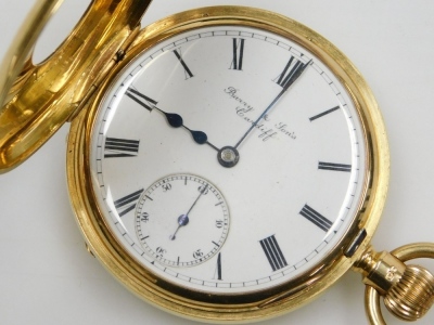 An Edwardian gentleman's 18ct gold half hunter pocket watch, by Barry & Sons Cardiff, keyless wind, enamel dial bearing Roman numerals, subsidiary seconds dial, movement no 61964, the cuvette engraved 'Opening of the Queen Alexandra Dock, Cardiff by their - 2