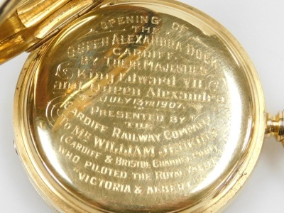 An Edwardian gentleman's 18ct gold half hunter pocket watch, by Barry & Sons Cardiff, keyless wind, enamel dial bearing Roman numerals, subsidiary seconds dial, movement no 61964, the cuvette engraved 'Opening of the Queen Alexandra Dock, Cardiff by their - 3