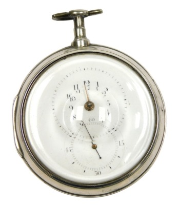 A George III gentleman's silver pair cased pocket watch, by Charles Hewison, London, open faced, key wind, circular enamel twin conjoined dials, illustrating hours in Arabic numerals and seconds, with Arabic numerals at quarters, fusee movement with verge