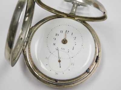 A George III gentleman's silver pair cased pocket watch, by Charles Hewison, London, open faced, key wind, circular enamel twin conjoined dials, illustrating hours in Arabic numerals and seconds, with Arabic numerals at quarters, fusee movement with verge - 2