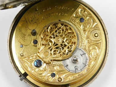 A George III gentleman's silver pair cased pocket watch, by Charles Hewison, London, open faced, key wind, circular enamel twin conjoined dials, illustrating hours in Arabic numerals and seconds, with Arabic numerals at quarters, fusee movement with verge - 3