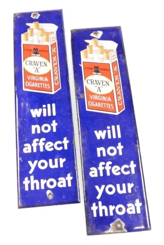 Two Virginia Cigarettes enamel signs, "Craven 'A' Virginia Cigarettes will not effect your throat", 33cm x 8.5cm.