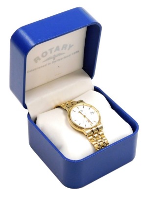 A Rotary gentleman's gold plated alarm wristwatch, circular white dial with batons, centre seconds and date aperture, boxed with guarantee.