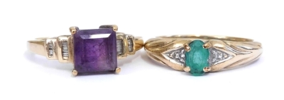 A 9ct gold and emerald solitaire ring, claw set, size O, together with a 9ct gold and amethyst ring, high claw set with step shoulders set with tiny diamonds, size O, 5.8g.