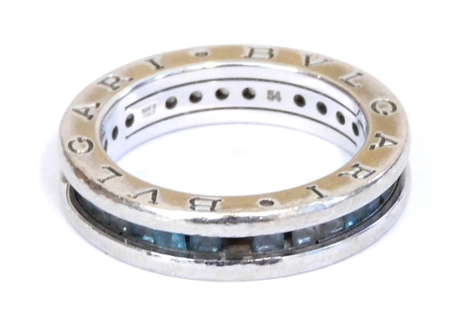 A Bulgari 18ct white gold and aquamarine full eternity ring, size N/O, 8.9g. (AF)