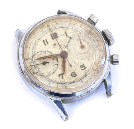 A Leonidas (pre Heuer) gentleman's chronograph wristwatch, circular dial bearing Arabic numerals, centre seconds, two subsidiary dials, chromium steel cased.