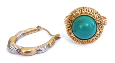 A cabochon turquoise ring, in an openwork basket setting, the shank stamped K18, size P, 4.2g, together with a 9ct gold hoop earring, 0.5g.