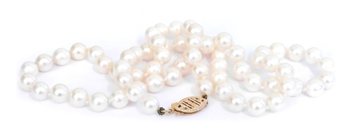 A string of cultured pearls, on a 9ct gold clasp.