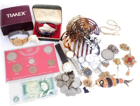 Silver and costume jewellery, including a Hollywood pendant on chain, Crucifix on chain, enamelled articulated fish pendant on chain, wristwatches, hair ornaments, coins, etc. (a quantity)