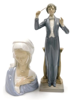 Two Lladro porcelain figures, comprising Composer, 33cm high, and bust of a lady with veil, 22cm high, printed and impress marks to underside of each.