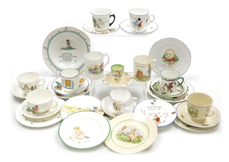 A group of children's nursery rhyme related porcelain, to include a Royal Doulton Jack and Jill teacup, a Burleighware Good Morning egg cup, decorated with a chicken, a standard chine Pat-A-Cake Pat-A-Cake cup with angular handle, etc. (1 tray)