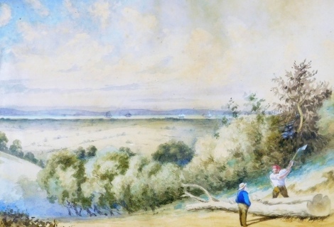 19thC School. Woodcutter in rural landscape with further figure before river with sailing boats, watercolour on paper, indistinctly signed and dated February 29th 1888, 32cm x 46cm.