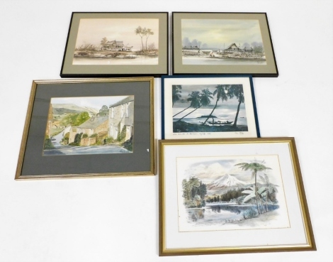 A group of pictures, to include after Peter Arnold, Mount Egmont, New Zealand, print, 30cm x 36cm, Thai village scenes, watercolour, pair, unsigned, 28cm x 34cm, etc. (a quantity)