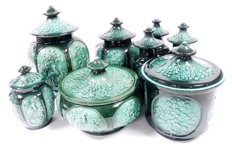 A group of Sylvac pottery green glaze jars and covers, in the Canton pattern, various sizes and pattern numbers.